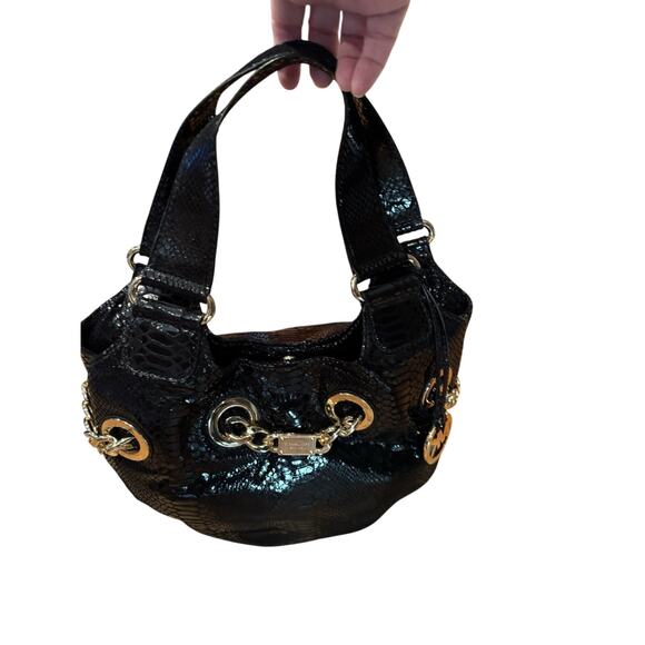 Michael Kors Snakeskin Patent Leather Shoulder Bag Black Gold Chain Glam595 - Picture 2 of 8
